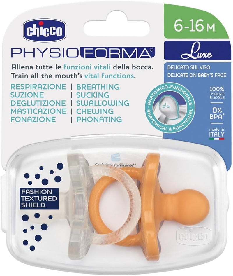 Chicco PhysioForma Luxe Soft Silicone Soother 6-16m (2 pcs), Orange/Transparent - Image 4